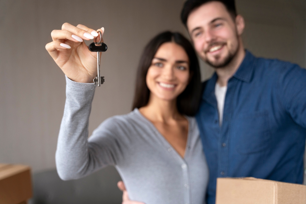 Pareja recibiendo llaves de su nueva casa