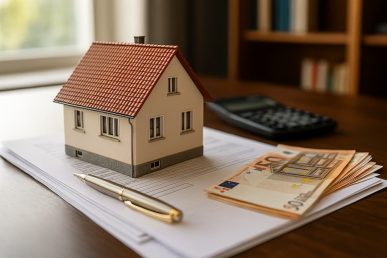 Casa sobre documentos con euros y bolígrafo, simbolizando el coste de registrar una propiedad en España.