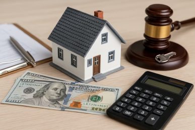 Casa en miniatura con billetes, calculadora y mazo, simbolizando tasación, hipoteca y valor de compra.