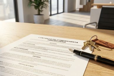 oficina inmobiliaria con contrato sobre la mesa